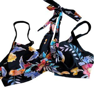 Cupshe Underwire Bikini Top‎ Black with Bright Florals Center Tie Adjustable